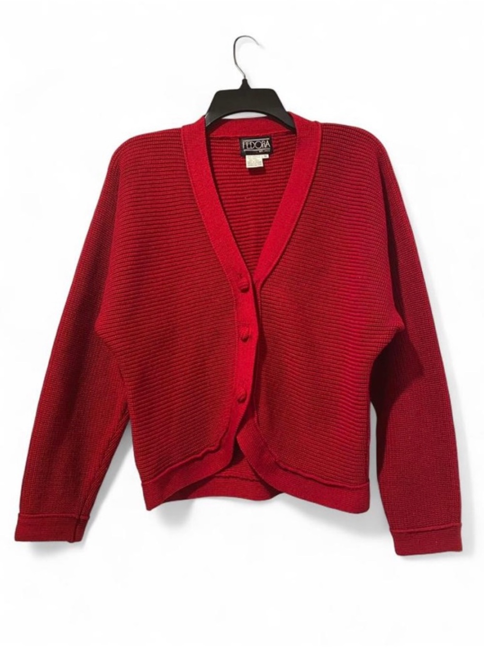 Red Ribbed V‑Neck Button Cardigan